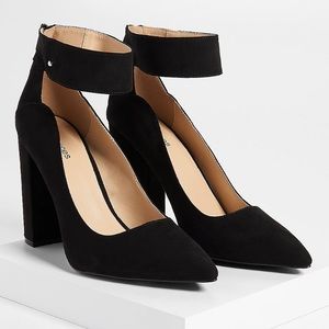 Black Suede and Nude Block Pointed Toe Heels